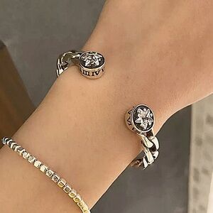 Sterling Silver Star Zircon Cuff Bangle Bracelet